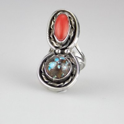 Coco and Benny 1970's Navajo Coral + Turquoise Sterling Silver Vintage Ring 