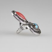Coco and Benny 1970's Navajo Coral + Turquoise Sterling Silver Vintage Ring 